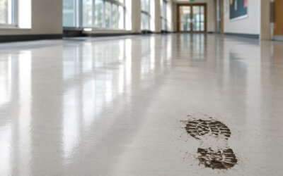 Footprints on a shiny corridor floor.